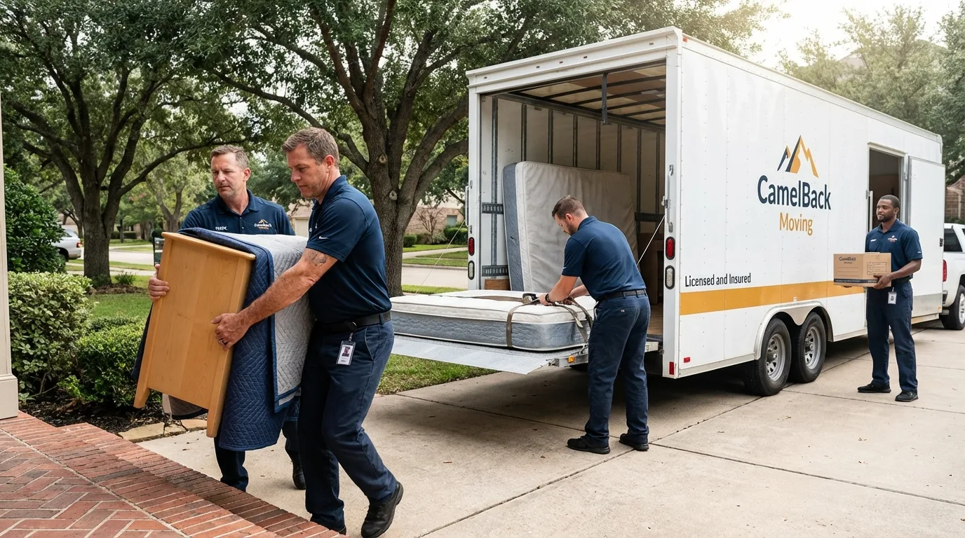 Crew loading residential truck for cross-state move from Covelo, CA