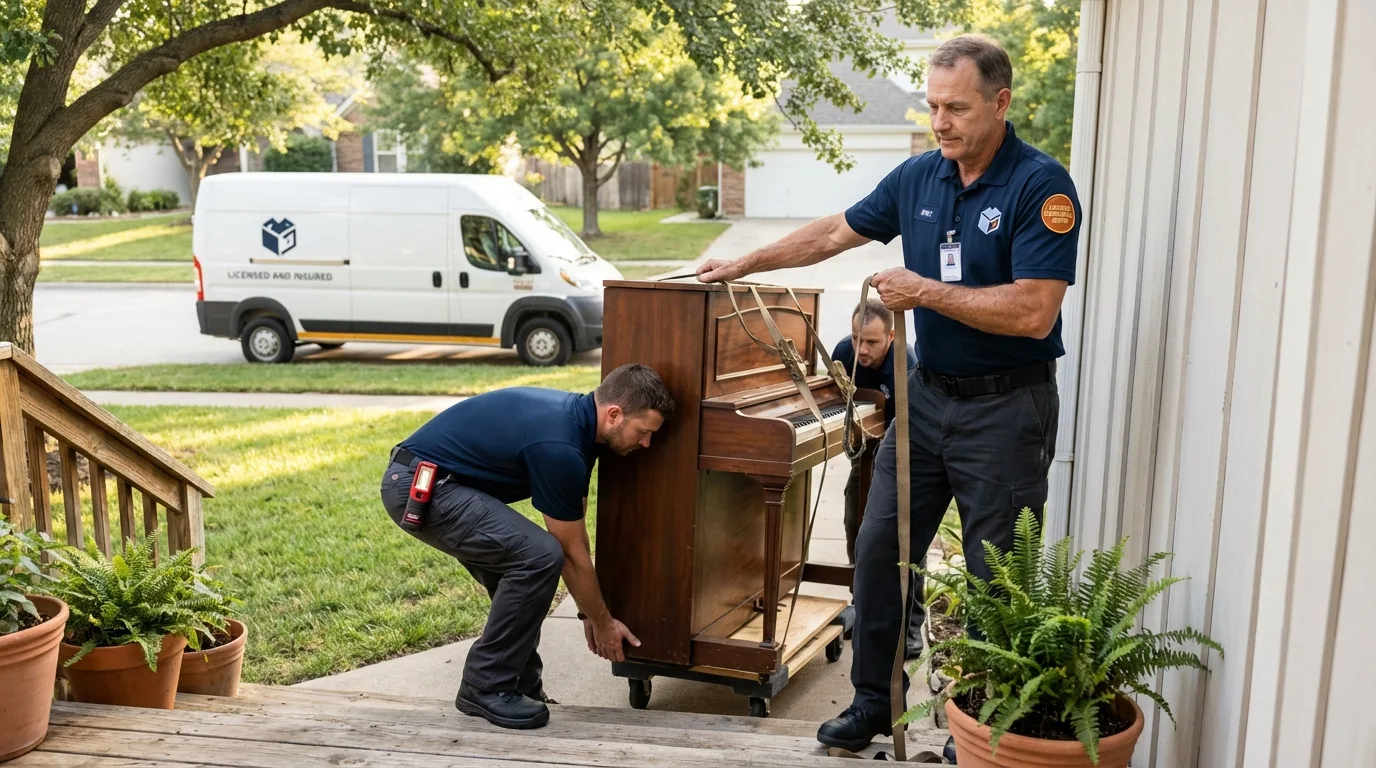 Licensed piano movers securing grand piano in Covelo, CA